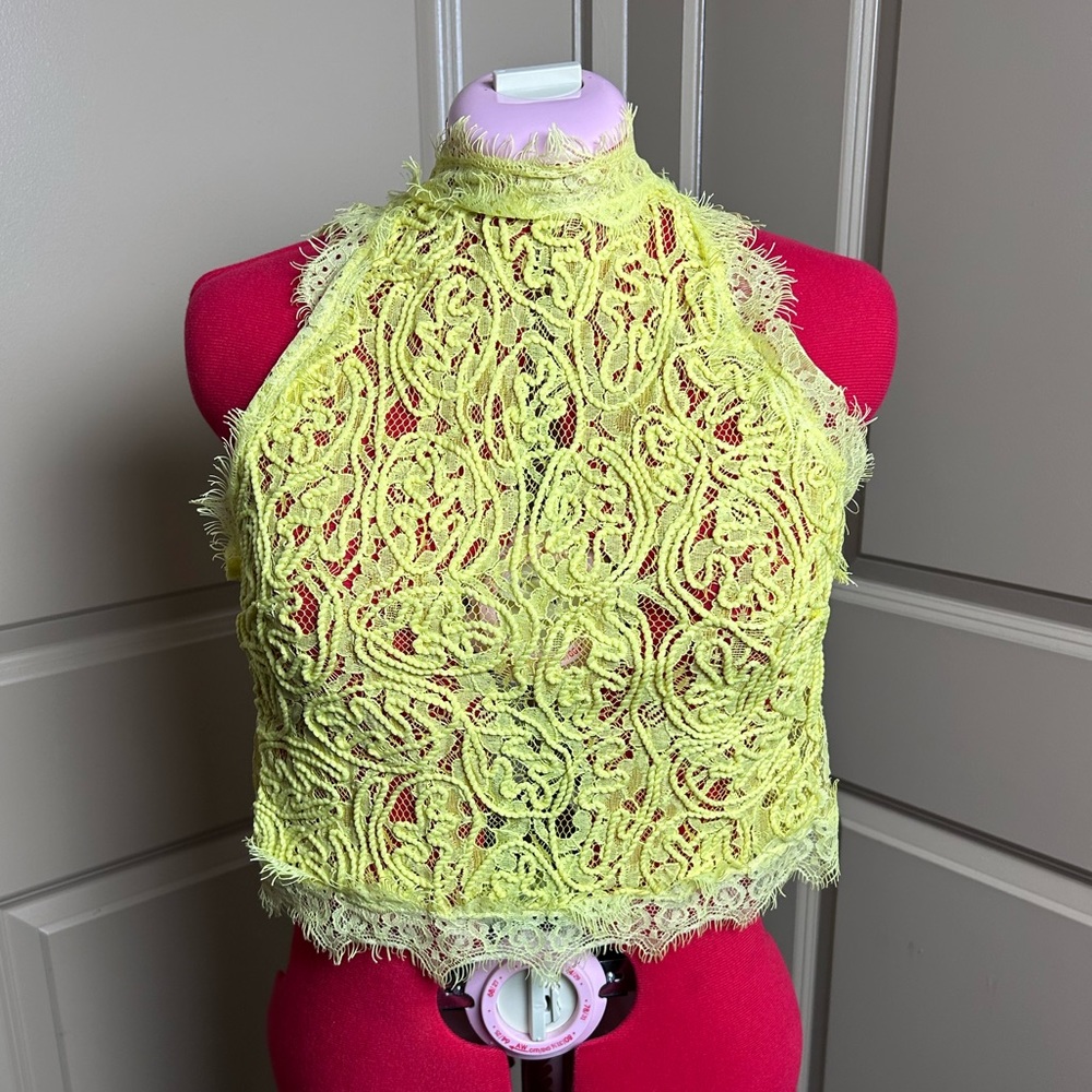 Elenza by L & L Yellow lace high neck crop top blouse